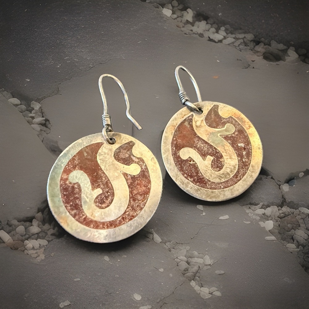 RARE Vintage MEXICO 925 Sterling Silver Red Enamel Disc Earrings 6.3g Champleve
